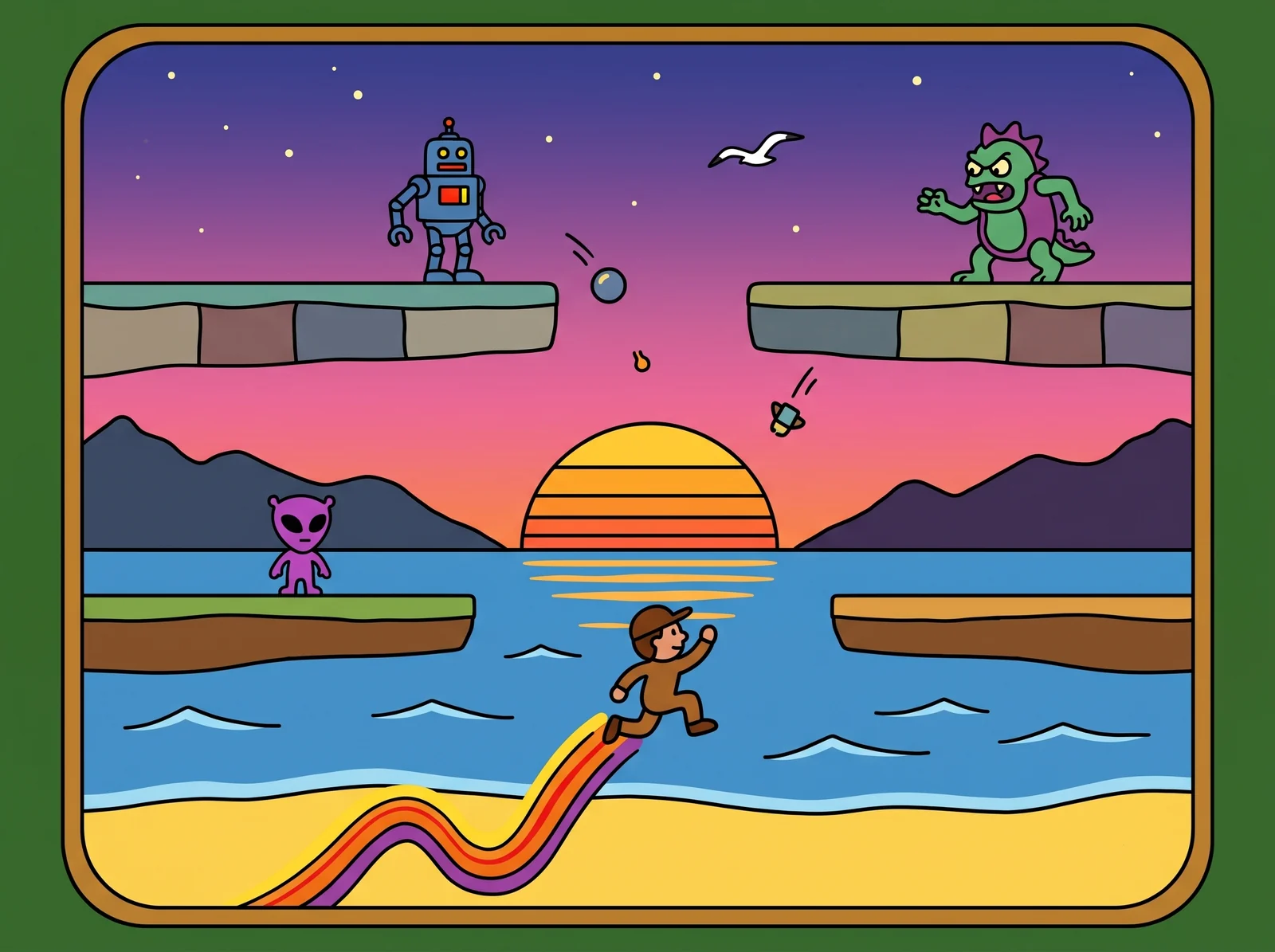Jim runs on a beach at sunset, leaving a rainbow trail, while a robot, a monster and an alien watch from the floors above