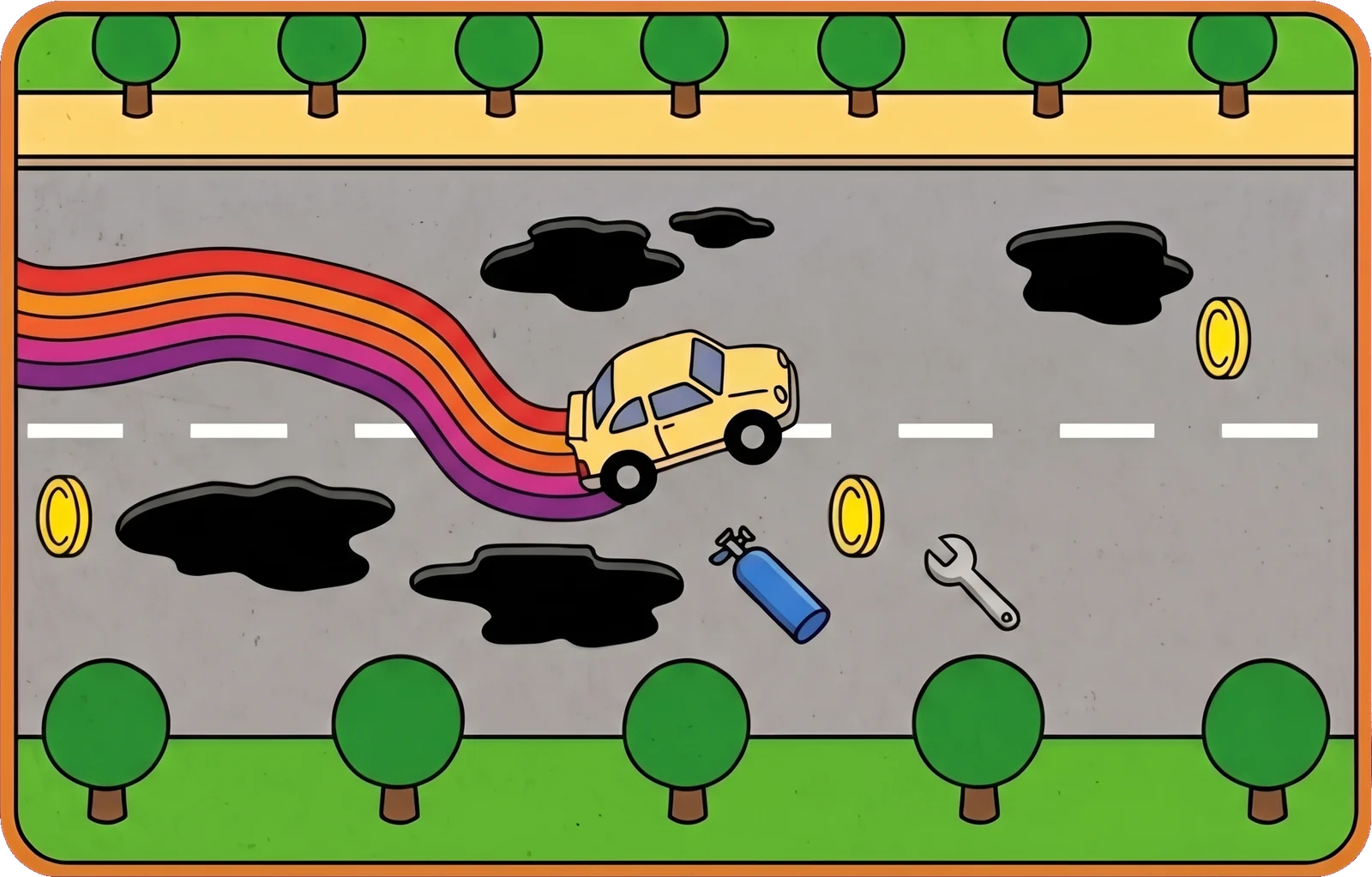 A yellow car with a rainbow trail jumps over a road full of potholes, coins, a jump tank and a wrench